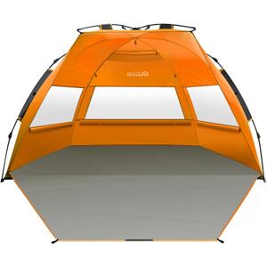 OutdoorMaster Beach Tent Sun Shelter for 3-4 Person, Pop Up Beach Tent Easy Setup with Sandbags, Portable Sun Shade Canopy with Carrying Bag for Beach & Outdoor, UPF50+ UV Protection, Family Size (X-Large, Orange)