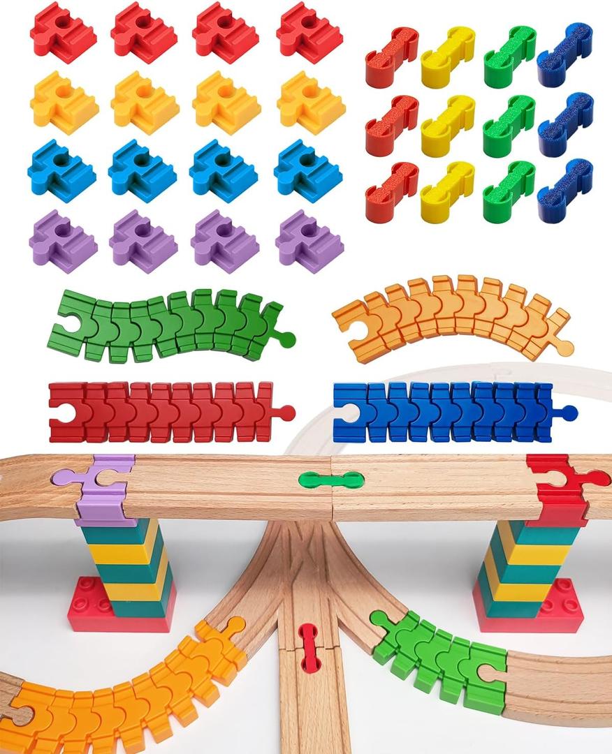 Wooden Train Track Accessories Set, 32 pcs Track Connector, Compatible with All Major Brands Train Tracks, Christmas Birthday Gift for Boys Girls, Trains Toys Expansion Pack for Kids Ages 3+