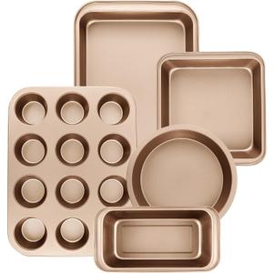 Nonstick Baking Pans Set, 5-Piece Kitchen Baking Sheets for Oven, Bakeware Sets with Round/Square Cake Pan, Muffin Pan, Loaf Pan, Roast Pan, mobzio Cookie Sheet Set Baking Supplies (Champagne Gold)