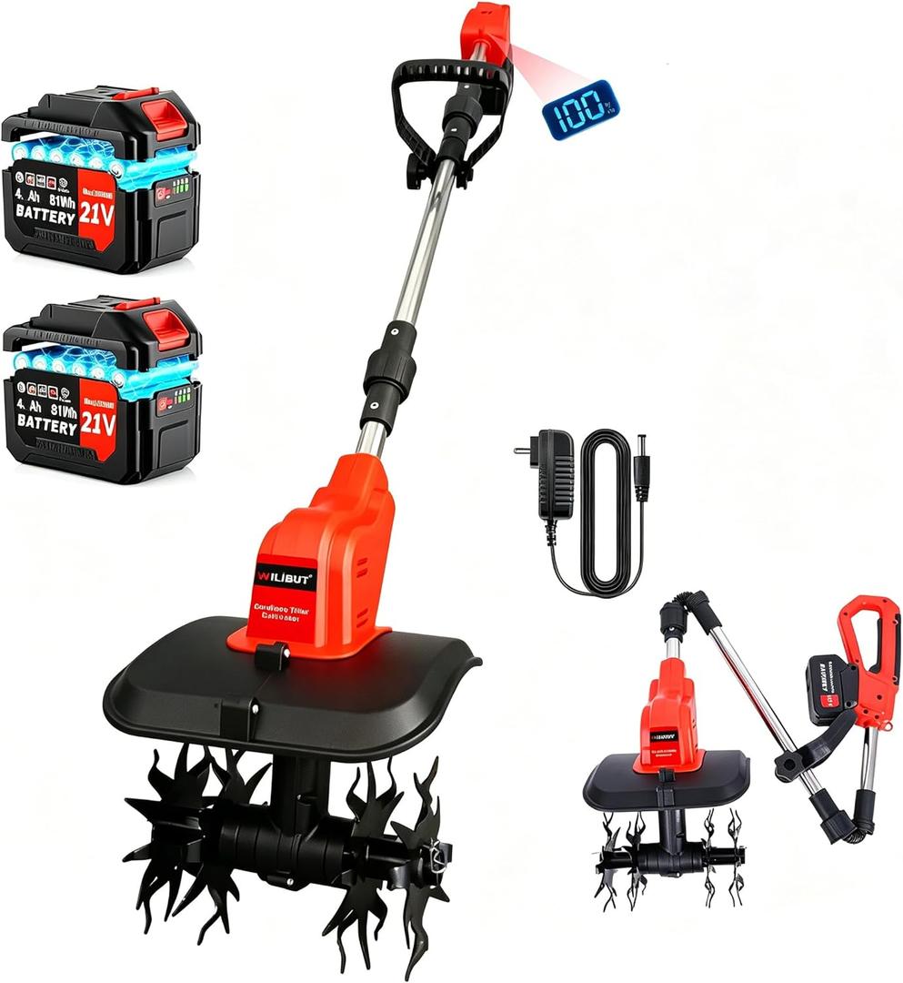 Cordless Tiller Cultivator, 360PRM Electric Garden Tiller, with 2X4.0Ah Batteries & LCD Display, 48 Steel Tines, 9" Tilling Width, 6.6" Depth, Battery Powered Rotary Tiller Lawn/Soil Cultivation