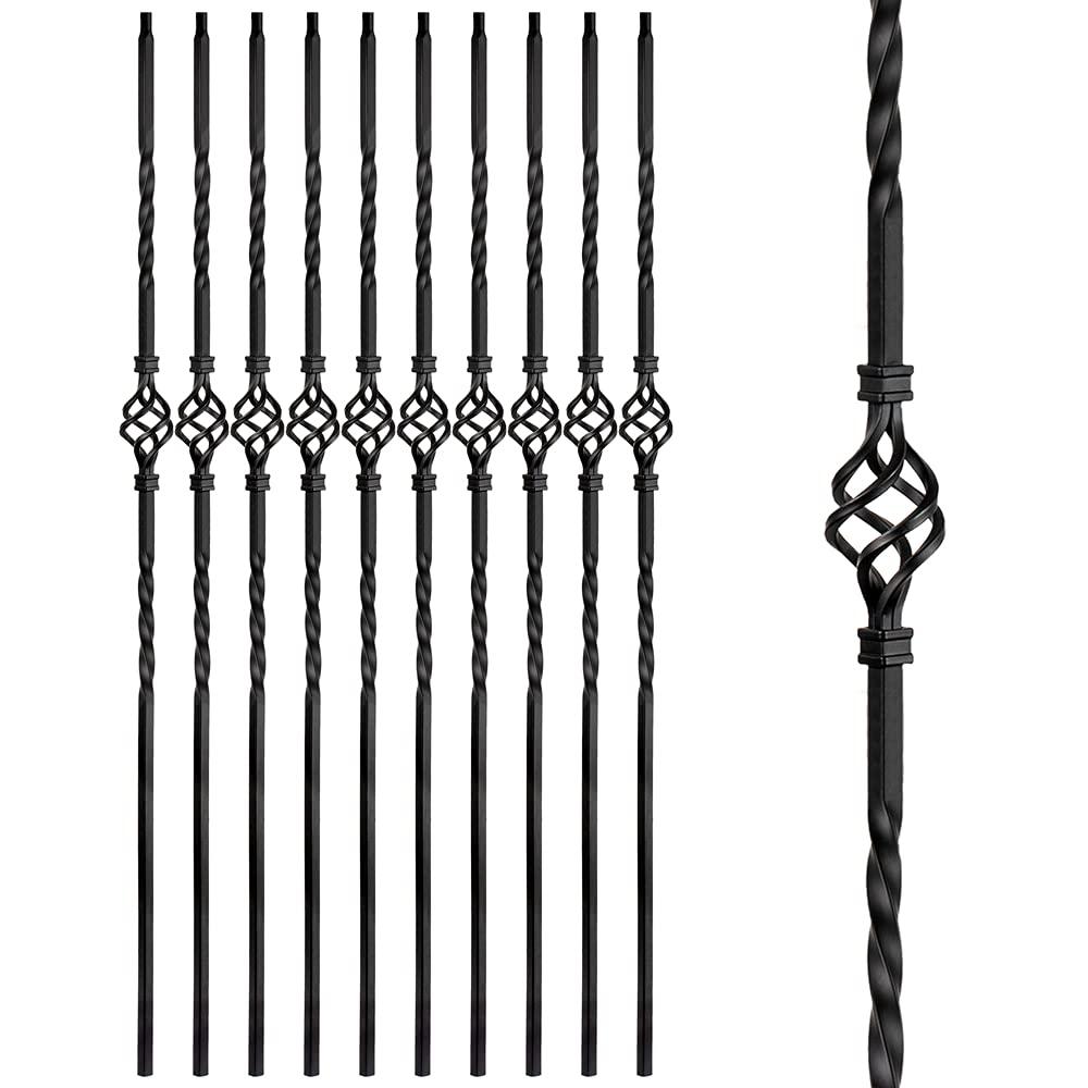 Iron Balusters - Wrought Iron Stair Balusters - Hollow Single Basket Metal Spindles - 44" X 1/2" - Box of 10 (Satin Black) (Single Basket 10 pcs)