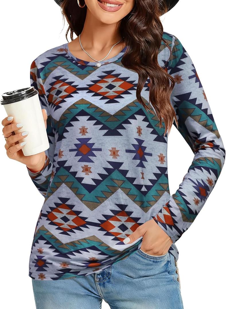 Long Sleeve Shirts for Women Basic Crew Neck Spring Tops Casual Fit Fall T Shirts 2026 (Blue, M)