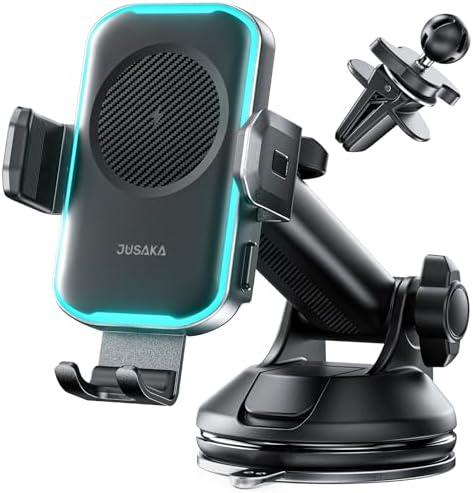 JUSAKA Wireless Car Charger,15W Fast Charging Auto Clamping Phone Holders for Your Car Compatible with iPhone 16/15/14/13, for Samsung Galaxy S24 Ultra S23 S22 S21, S20, S10+ (Black)