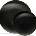 PLASTICPRO 32 Piece Combo Plate Set includes 16-7'' inch Plates & 16-10'' inch Dinner Plate Black Plastic With Gold Rim Design Party Plates, Premium heavyweight Elegant, Disposable