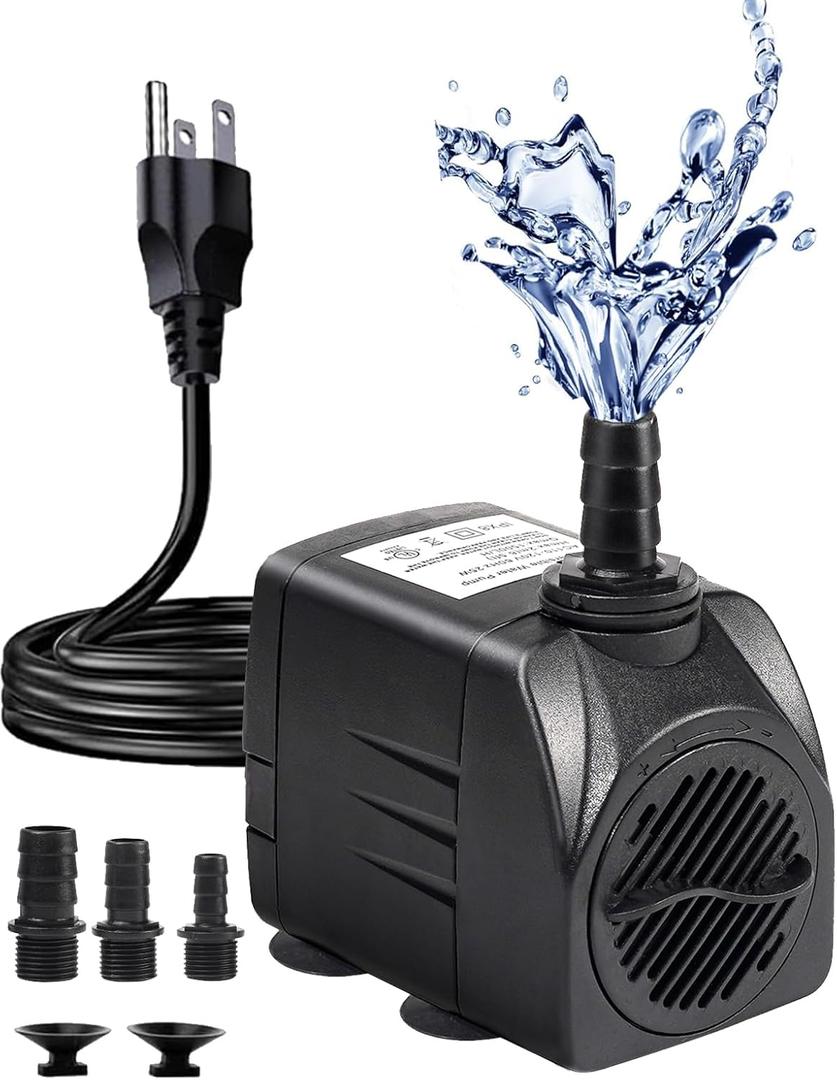 Fountain Pump, 400GPH Submersible Water Pump Outdoor, Ultra Quiet Water Fountain Pump With 6.5FT High Lift, 3 Nozzles for Pond Waterfall, Fish Tank, Aquarium, Hydroponics