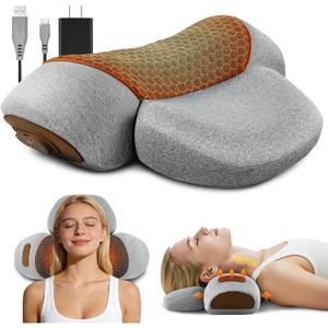 3-in-1 Neck Massager Pillow - Cervical Pillow Massage Neck Hump for Shoulder Pain Relief, Back Shoulder Massager with Kneading, Shiatsu Kneading Massage with Heating, Traction Function, Hump Corrector (Grey)