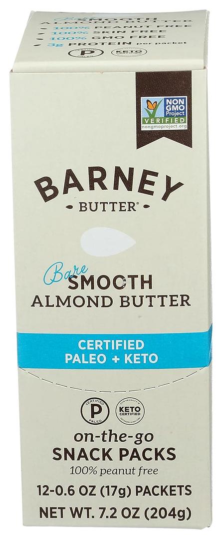 Barney Butter Almond Butter Snack Packs, Bare Smooth, 0.6 Ounce (Pack of 12), No Added Sugar or Salt, Skin-Free Almonds, Non-GMO, Gluten Free, Keto, Paleo, Vegan