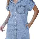 luvamia Denim Dress for Women Button Down Short Sleeves Casual Summer Jean Shirt Dresses with Pockets Frayed Hem XL
