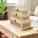 Boho Rattan Display Boxes with Glass Lids, 3 Pcs Large Natural Handwoven Cane Basket, Home Decor Organizers Storage Bins, Natural Finish Display Boxes