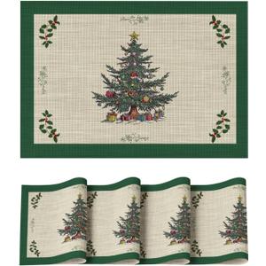 Artoid Mode Xmas Tree Gifts Vinyl Christmas Placemats Set of 4, 12x18 Inch Washable Plastic Non-Slip Woven Winter Table Mats for Party Kitchen Dining Decor (Green)