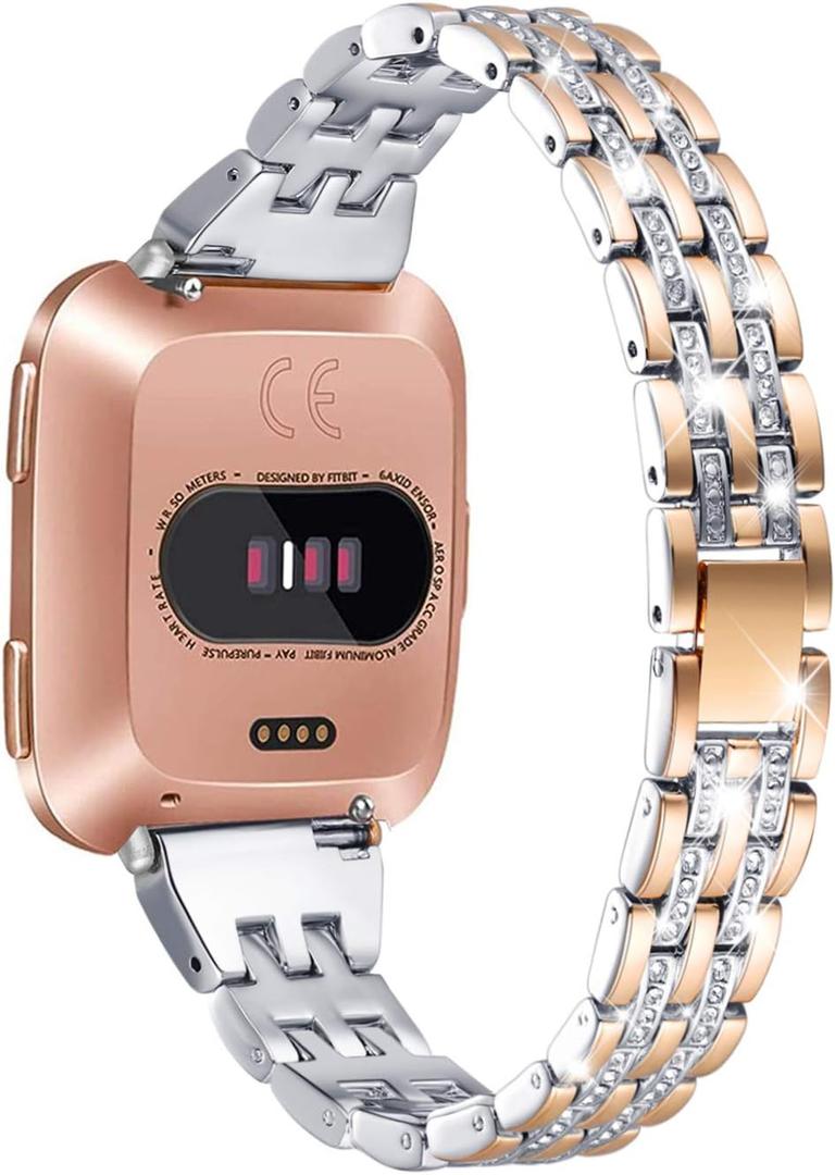Bands Compatible with Fitbit Versa 2/Versa Lite/Versa, Women Replacement Metal Rhinestone Bling Bracelet Wristband, Copper Gold with Silver