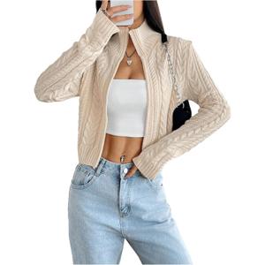 MakeMeChic Women's Cropped Cardigan Sweaters Fall Long Sleeve Y2K Zipper Cable Knit Jacket (Medium, Apricot)