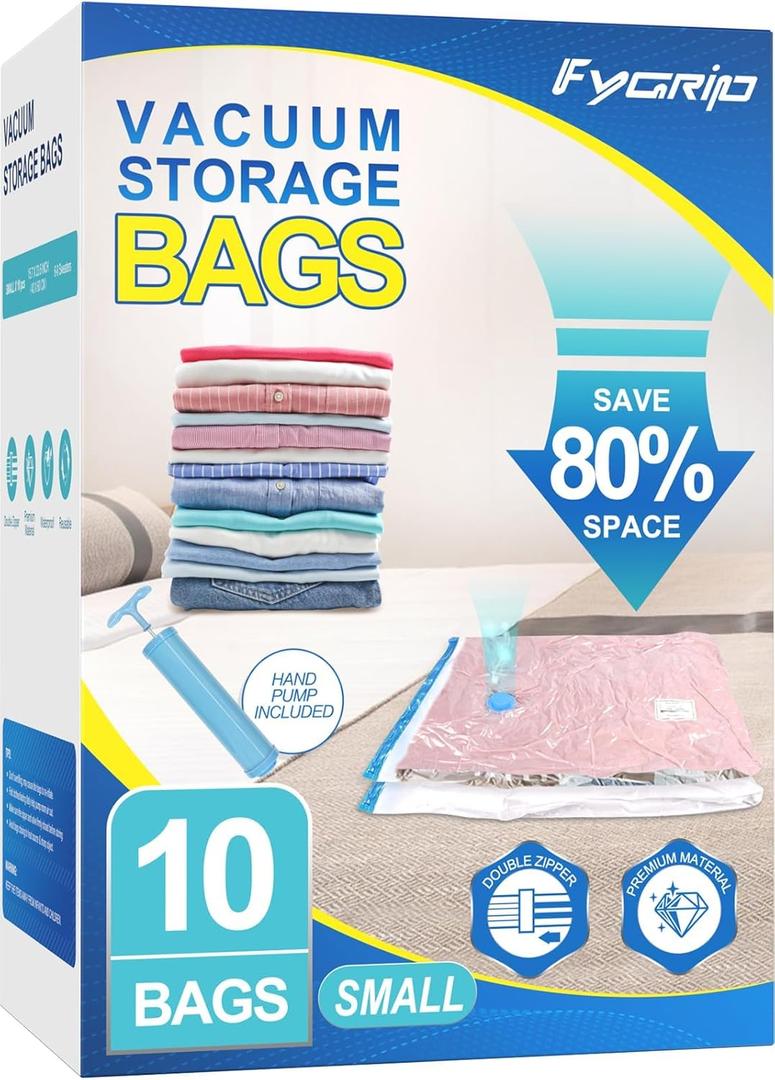 10 Pack Small Vacuum Storage Bags with Hand Pump, Plastic Packaging Bags, 80% Space Saver Vacuum Seal Bags for Clothing, Travel Lugggage, Blankets, Comforters