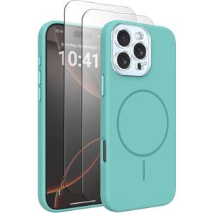 Magnetic Silicone Case for iPhone 16 Pro Max Case with 2 Screen Protector, Upgraded Hard Acrylic Camera Protector Soft Slim Stylish Cute Phone Cover Compatible with MagSafe, Cyan