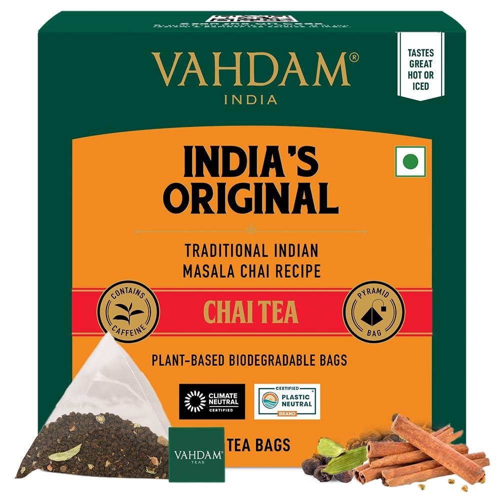 VAHDAM, India's Original Masala Chai Tea Bags (15 Count) Non GMO, Gluten Free, No Added Flavoring | Blended w/Savory Exotic Spices | Individually Wrapped Pyramid Tea Bags | Direct from Source, BBD: 10/2026