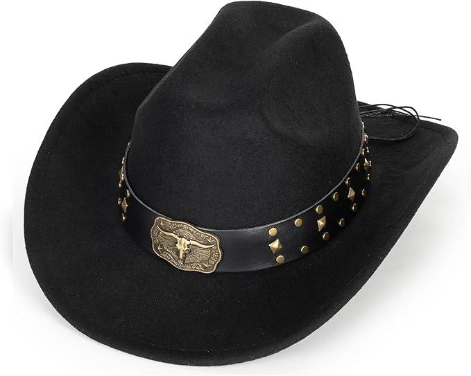 Western-Cowboy-Hats for Women Men - Classic Wide Brim Felt Fedora Unisex Upturn Bull Head Cowgirl Caps with Buckle Belt