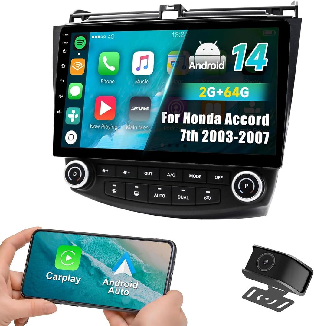 Car Radio Stereo for Honda Accord 7th Gen (2003-2007) Android 14 2GB+64GB Wireless CarPlay & Android Auto, 10-Inch IPS Touchscreen, Bluetooth WiFi GPS Navi, FM/AM, Backup Camera, SWC