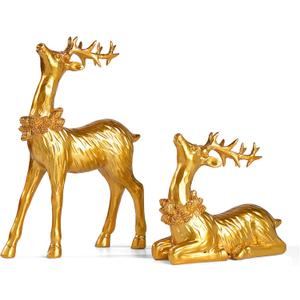 2PCS Christmas Deer Pendant Bedding and Standing Gold Deer Resin Home Decoration Suitable for Fireplace Living Room Dining Table Christmas Decoration (Golden)