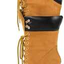 Richealnana Women's Double Lace Pointed Toe Stiletto High Heel Lace Up Strappy Knee High Boots, 7