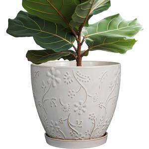 10 Inch Plant Pot Ceramic Planter Pot with Drainage Hole and Saucer Round Planter Large Flower Pot for Indoor Outdoor Plants Home Garden Decor White