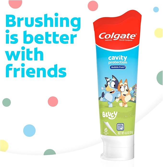 Colgate Kids Bluey Toothpaste with Fluoride for Cavity Protection, Ages 2+, ADA Accepted, Sugar Free and Gluten Free, Bubble Fruit Flavor, 4 Pack, 4.6 Oz Tubes