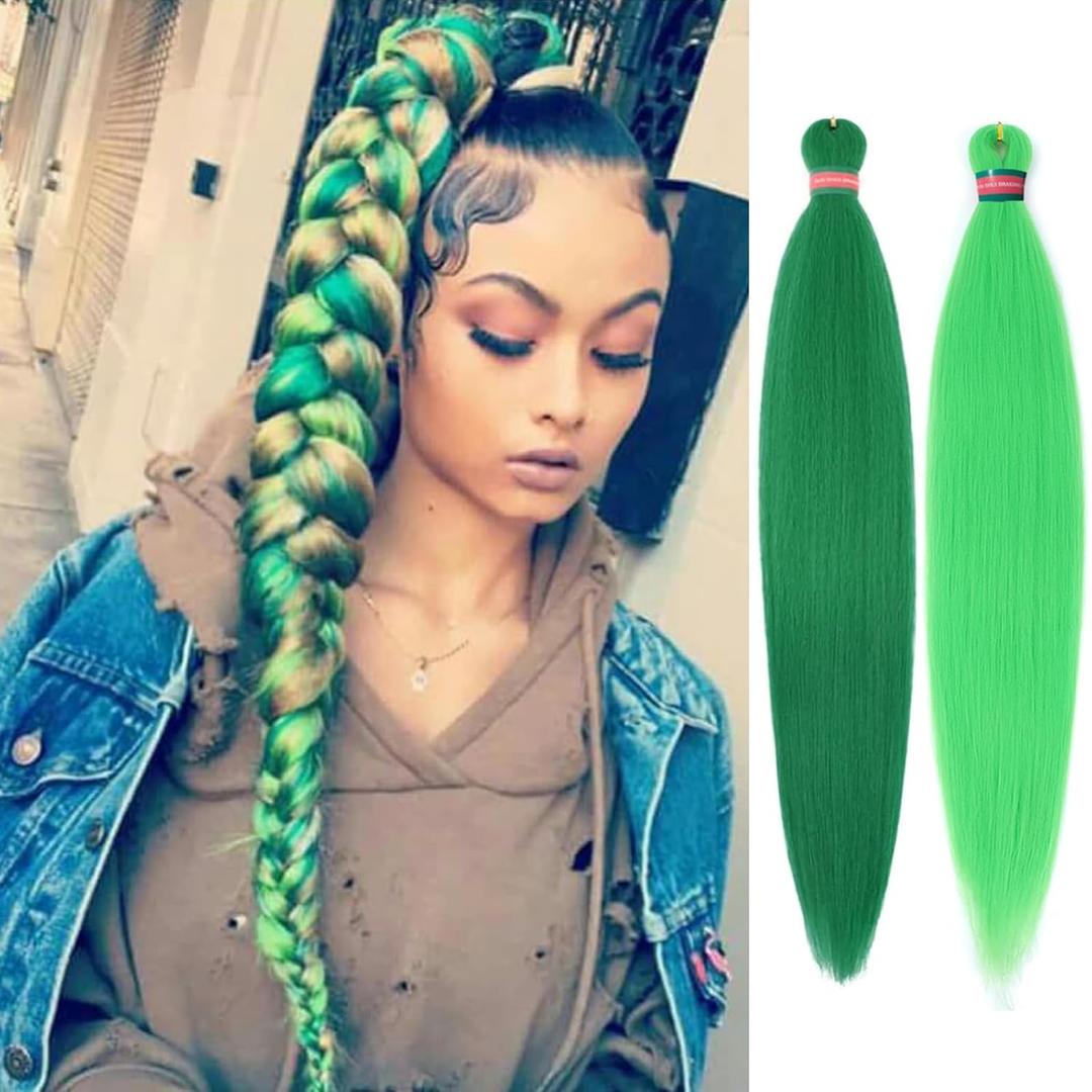 Green+Light Green Pre stretched Braiding Hair 2 Packs Pre feathered Braid Hair Extensions 18 Inches Hair Braids