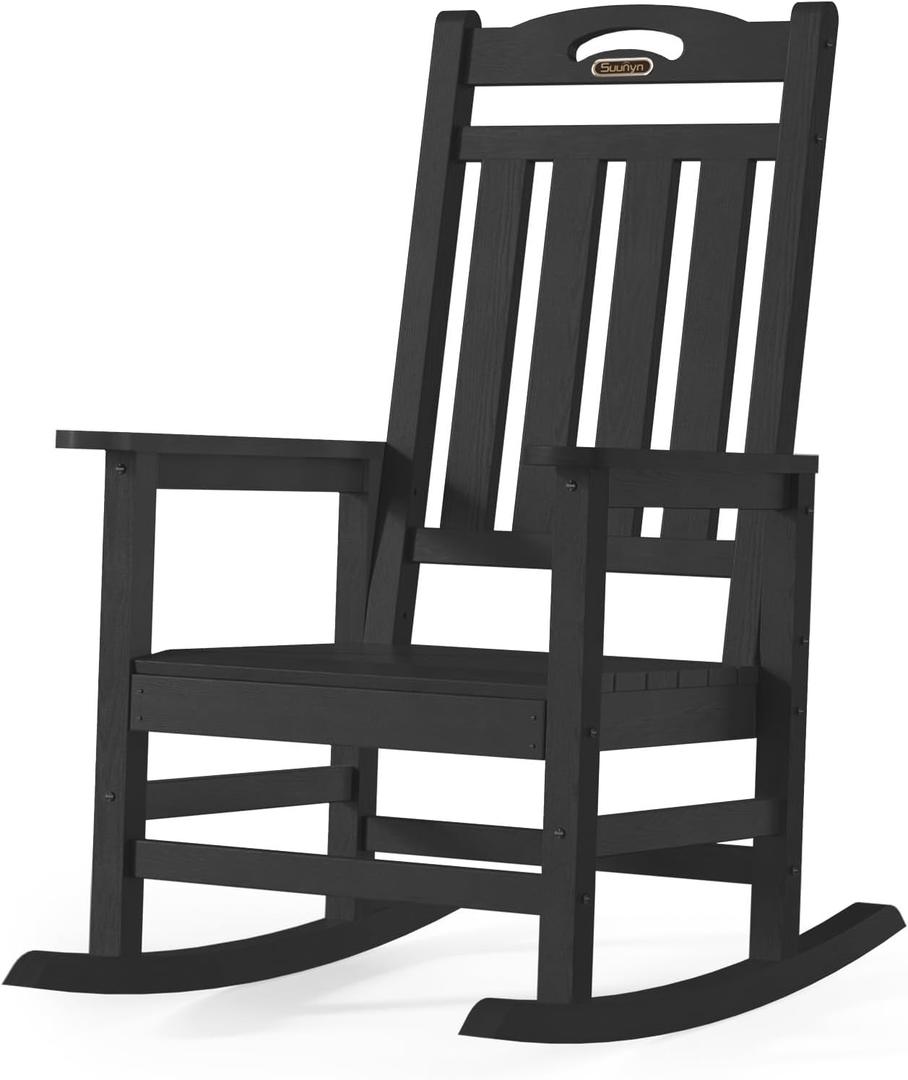 Oversized Outdoor Rocking Chair, High Back Porch Rocker Chair, HDPE All Weather Resistant Rocking Chairs for Patio, 380lbs Weight Capacity, Black