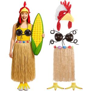 JenPen 5 Pcs Halloween Chicken Costume for Women Include Plush Chicken Head Rooster Feet Shoes Covers Coconut Bra Hawaiian Grass Skirt for Halloween Party Cosplay Accessories