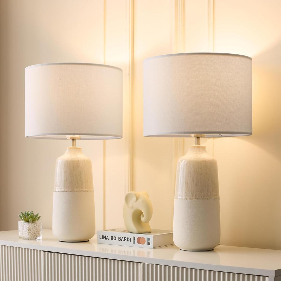 Tall Ceramic Table Lamp Set of 2, White Lamps for Bedroom Farmhouse Rustic Lamp Set Bedside Nightstand Lamps Set of Two Side Table Lamps for Living Room, 22IN, QL5198 (Large)