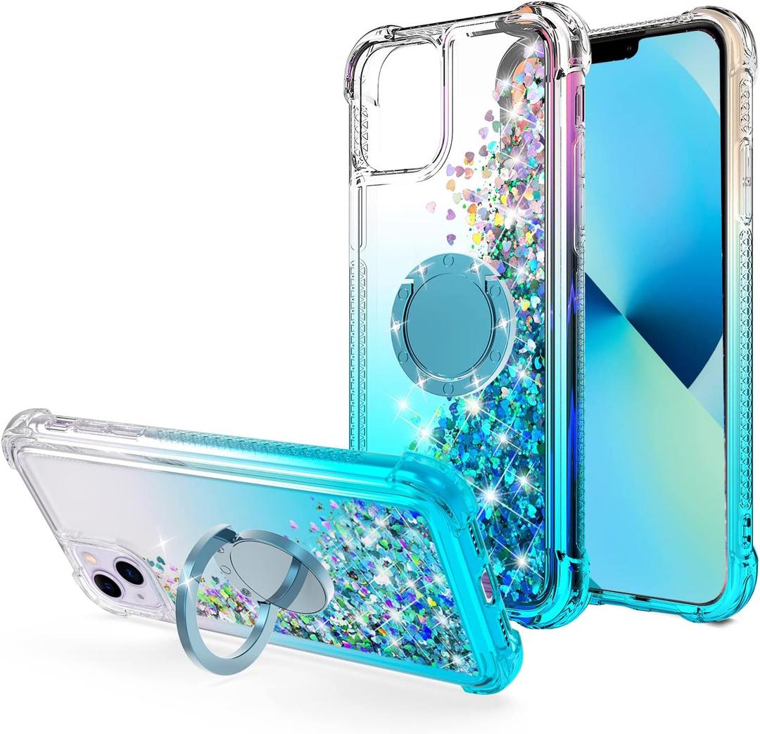 for iPhone 13 Case,Bling Moving Liquid Floating Sparkle Colorful Glitter Waterfall TPU Protective Case with Rotation Ring Kickstand for iPhone 13 [6.1 inch 2021],Blue