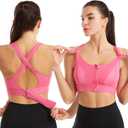 Women Zip Front Sports Bra Racerback Tank Top Wireless Paded Yoga Workout Running Bras (Pink, M)
