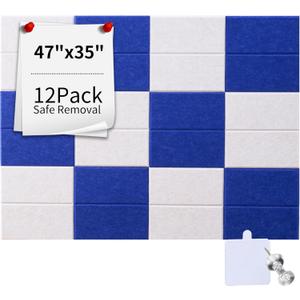 Large Felt Wall Tiles & Cork Board Set, 47x35 Inch | Includes 30 Push Pins & 96 Adhesive Tapes | 12 Felt Bulletin Board Tiles for Office, Dorm, Classroom, or Home Decor (Royal Blue and White)