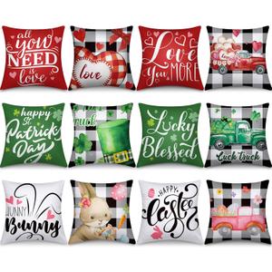 Preboun Set of 12 Holiday Pillow Covers 18 x 18 Inch Valentine's Day St. Patrick's Day Easter Love Heart Clovers Bunny Eggs Cushion Case Home Buffalo Plaid Pillow Case for Happy Home Decor(Lovely)