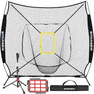 Storgem Baseball and Softball Practice Net 7×7ft Portable Hitting Pitching Batting Training Net Baseball Backstop Net with Batting Tee and Strike Zone and Bow Frame