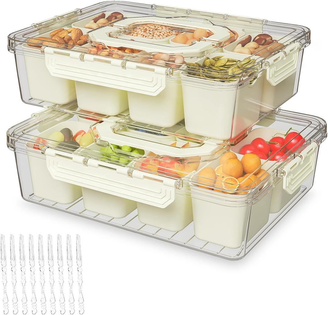 REBECAT Divided Serving Tray with Lid and Handles 8 Compartments Snack Box Container Charcuterie Organizer Snackle Box Container for Candy,Nuts，Fruits,Snacks,2 Pack,Beige