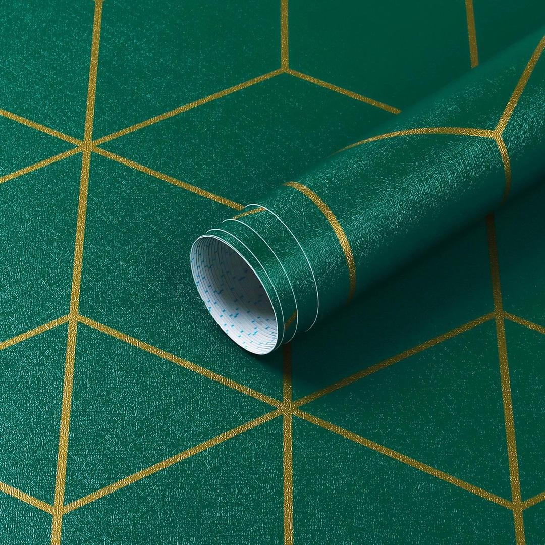 Safiyya Peel and Stick Wallpaper Gold and Dark Green Wallpaper Geometric Contact Paper Textured Self Adhesive Removable Wall Paper for Walls Vinyl Roll 393"x17.3"