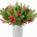 68 Pcs Christmas Artificial Pine Branch, 12 Inch Cedar Sprigs Stems with Pinecones Red Berry Needles Picks Christmas Fake Greenery for Garland Wreath DIY Holiday Decoration