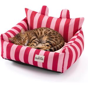 Cat Couch, Reversible Pet Sofa for Indoor Cats – 2-Sided Cat Sofa with Oxford Fabric and Plush Fleece, Washable Small Dog Couch for Puppies and Senior Pets, Non-Slip Bottom, 22 inch, Pink Red, 28"L x 22"W x 9"Th