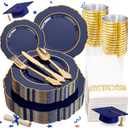 KIRE 210Pcs Navy Blue Plastic Plates - Blue and Gold Plates Disposable - 30guest Baroque Plastic Dinnerware for Upscale Wedding/Parties/Passover/Graduation