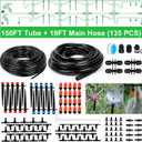 Bonviee 169FT Drip Irrigation System, Garden Watering System with 1/2"& 1/4" Tubing, Adjustable Drip Emitters and Barbed Fittings, Automatic Drip Irrigation Kit for Raised Garden, Greenhouse, Lawn