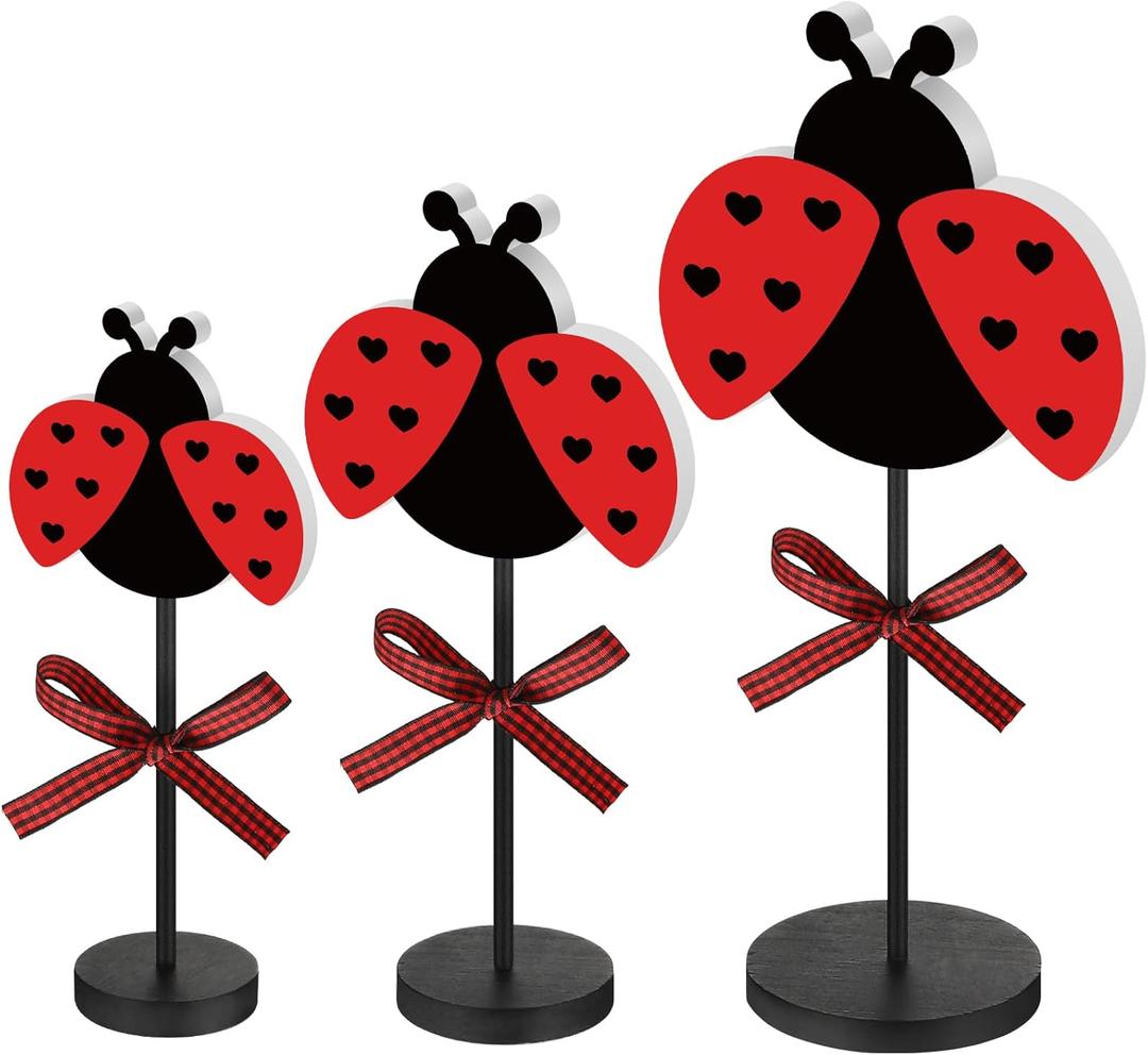 Maitys 3 Pcs Summer Ocean Tabletop Decor Standing Sea Turtle Lemon Ladybug Easter Bunny Block Wooden Table Centerpiece Sign Coastal Beach Nautical Table Decor for Home Kitchen(Ladybug)
