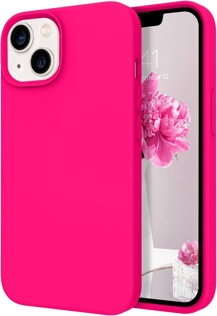 DOMAVER for iPhone 13 Case, Slim Smooth Liquid Silicone Upgrade for iPhone 13 Case [12FT Military Protection] [Camera Protection] [Soft Anti-Scratch Microfiber Lining] Scratch-Resistant Back- Hot Pink