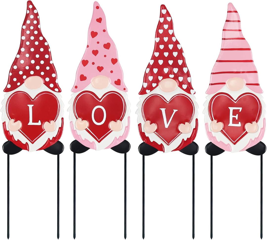 hogardeck Valentines Day Decorations Outdoor, 4 Pcs Metal Gnomes Decorative Garden Stakes for Valentines Day Decor, Yard Sign with Love Garden Decor for Home Outside Lawn Porch Anniversary Wedding (Red)
