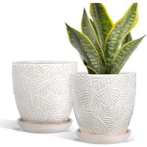 EFISPSS Ceramic Plant Pots, 6 Inch Ceramic Planter Pot with Drainage Hole and Saucer, Indoor Modern Flower Pots, Set of 2 - White