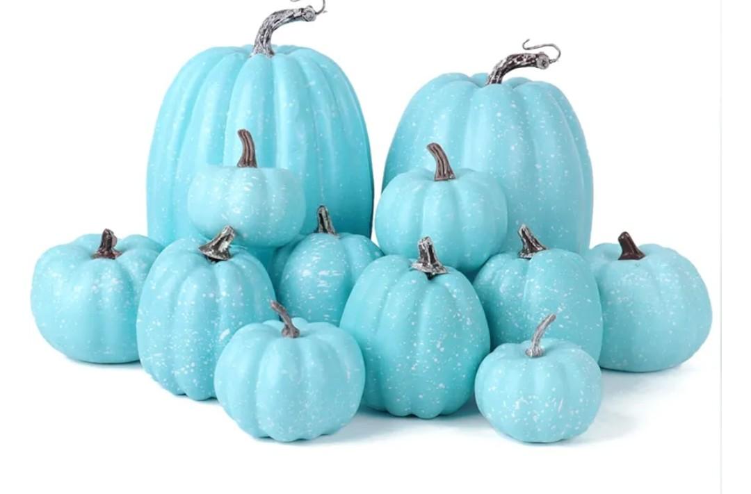 Vensovo 12 Pcs Assorted Blue Plastic Pumpkins for Decorating - Artificial Foam Pumpkins for Fall Decor, Thanksgiving, Halloween, Wedding & Party, DIY Craft Fake Pumpkin for Table Centerpiece