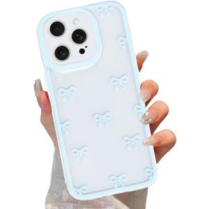Cute Coquette Bow Phone Case for iPhone 15 Pro Max 6.7", Clear Aesthetic Blue Ribbon Bowknot Pattern Print Design Case Transparent Camera Protective Funda Shockproof Soft TPU Women Girls Cover