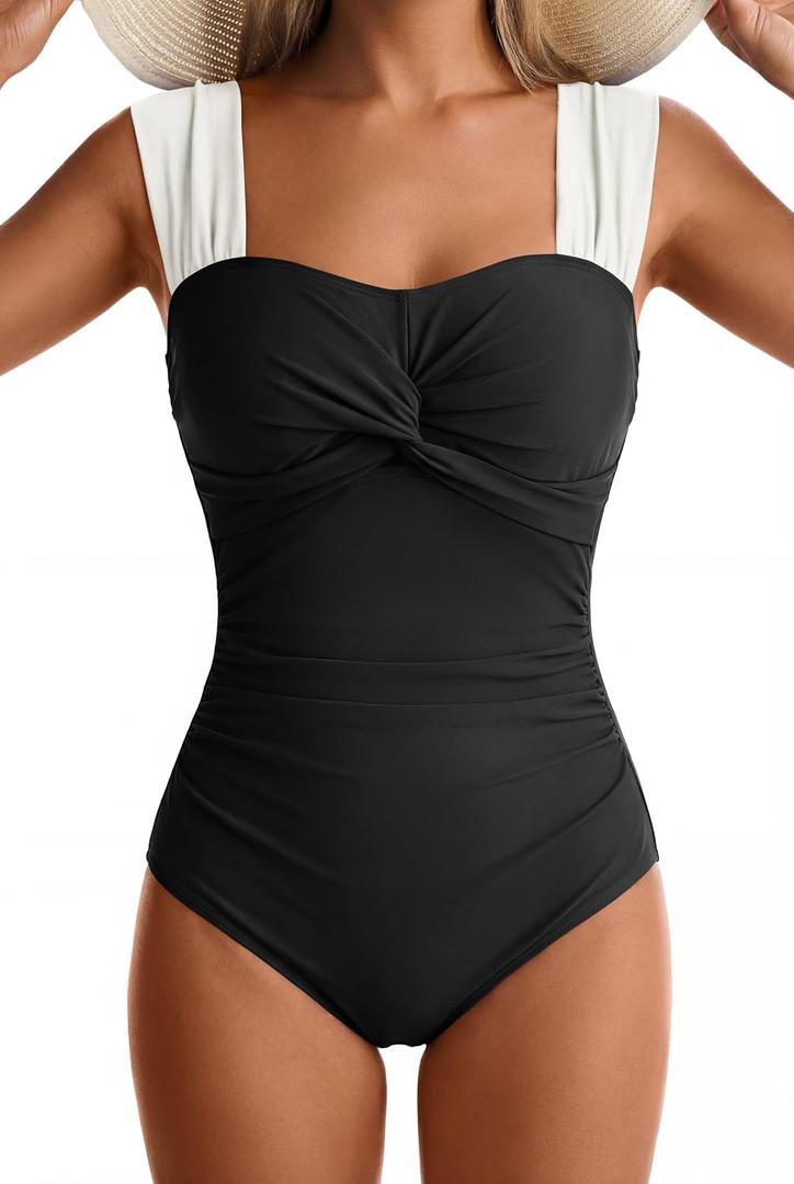 Womens One Piece Swimsuits Tummy Control Twist Front Bathing Suits Full Coverage Swimsuit Wide Straps Swimwear (Black, M)