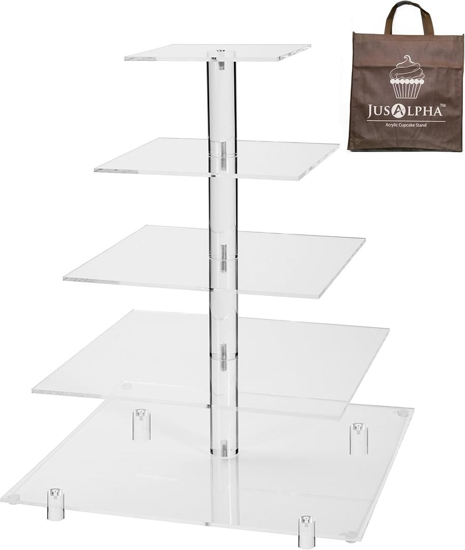 Jusalpha Large 5 Tier Cupcake StandAcrylic Square Wedding Cake Stand/Cupcake Tower/Dessert Stand/Pastry Serving Platter/Food Display Stand (5SF) (No Light)