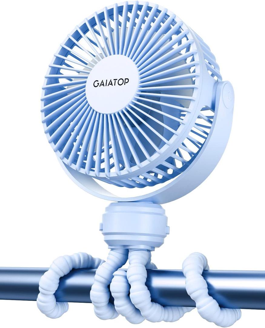 Gaiatop Mini Portable Stroller Fan, Battery Operated Small Clip on, Detachable 3 Speed Rechargeable, 360° Rotate Flexible Tripod Better Cooling for Car Seat Crib Treadmill Travel Blue