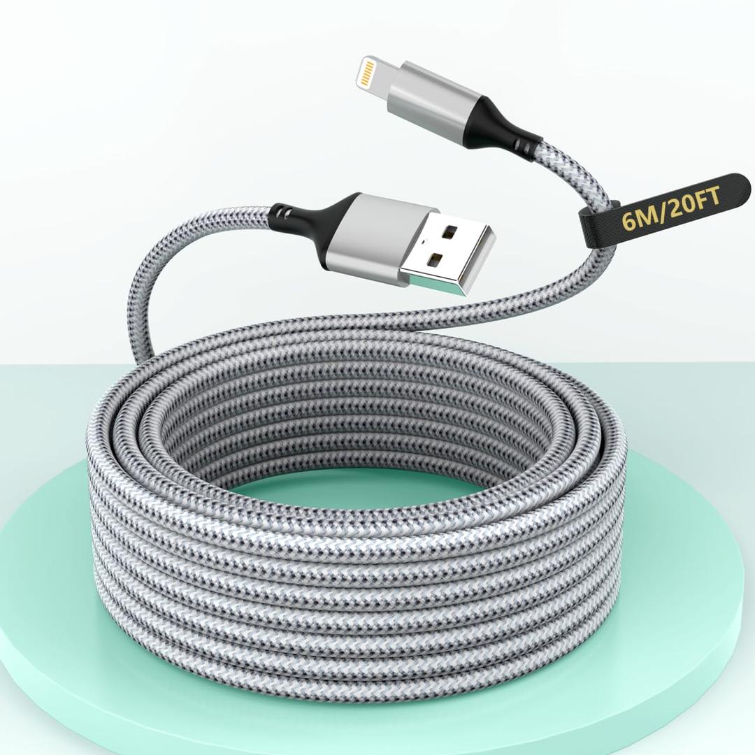 20FT Extra Long USB A to Lightning Charger Cable for iPhone,Apple MFi Certified Charger Cord, 6M Fast Charging Nylon Braided Charge Cord for iPhone 14 Pro Max/14/13Pro/12/11/X/XS/XR/8/7/6/iPad-Gray (Silver)